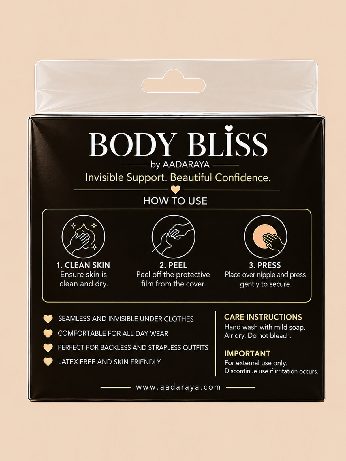 Rosy silicone lifting nipple cover in Nude - packaging back with how-to-use steps