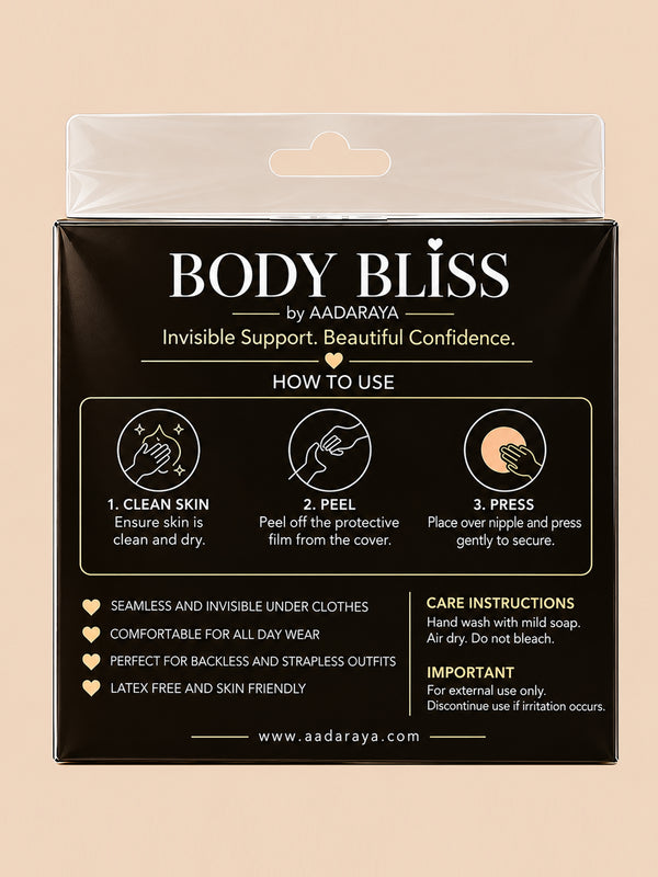 Rosy silicone lifting nipple cover in Nude - packaging back with how-to-use steps