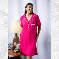 Eloise - Short Sleeve Classic Sleep Shirt in Fuchsia Leopard with White Lace